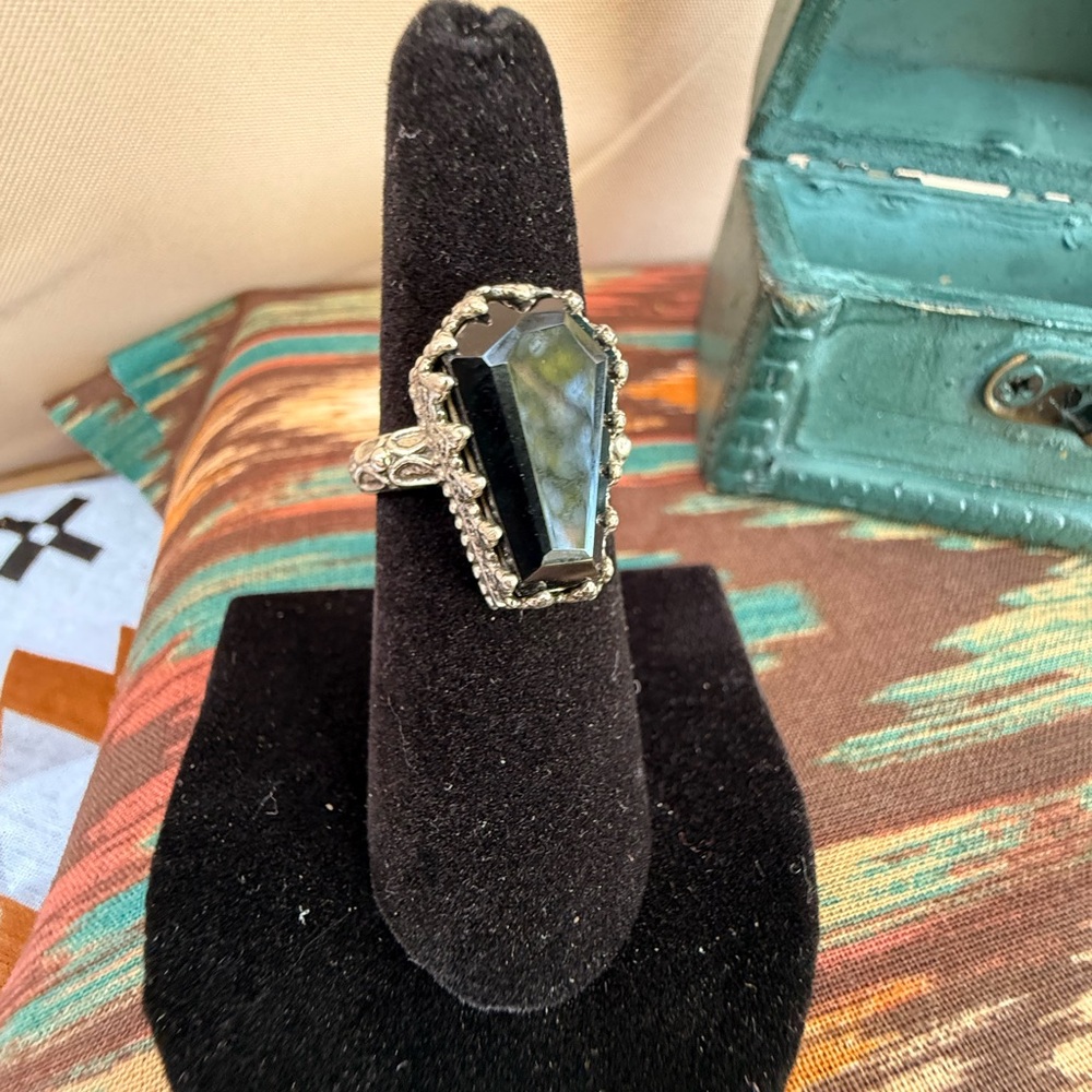 A10 Intriguing Black Onyx Coffin Ring in a 92.5% Silver Setting